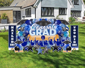 Blue Oversized "Congrats Grad" Graduation Yard Card Display | 11pc Grad Party Yard Signs | Yard Card Rental Business