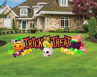 Trick or Treat + Halloween Candy, 12pc Halloween Yard Art, Yard Card Lawn Sign Set