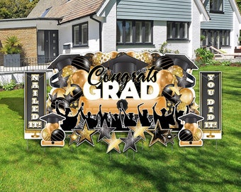 Gold Oversized "Congrats Grad" Graduation Yard Card Display | 11pc Grad Party Yard Signs | Yard Card Rental Business