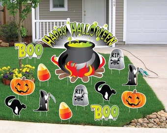 Happy Halloween Cauldron + Accessories, 13pc Halloween Yard Art, Yard Card Lawn Sign Set