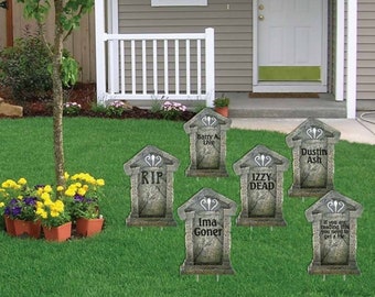 Fake Tombstones, 6pc Halloween Yard Art, Yard Card Lawn Sign Set