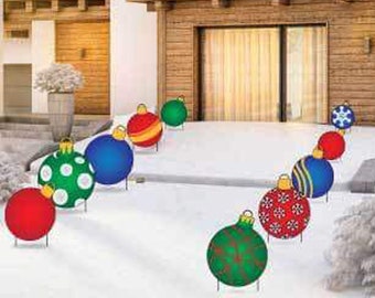Christmas Ornament Pathway Markers, 10pc Christmas Yard Art, Yard Card Lawn Sign Set