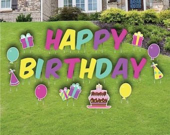 16” Pastel Happy Birthday + Custom Name Available, 13pc Birthday Yard Card Lawn Sign Set, Komika Font