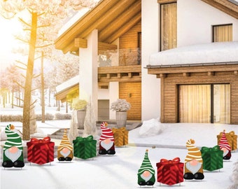 Gnomes & Christmas Presents Pathway Markers, 12pc Christmas Yard Art, Yard Card Lawn Sign Set