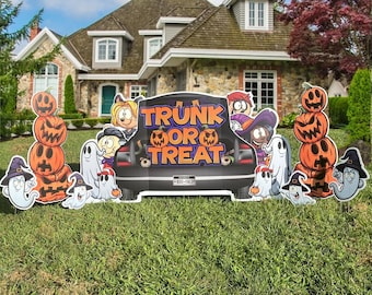 3x6 Feet Trunk Or Treat Yard Sign, Happy Halloween Outdoor Decorations with Stakes, Includes 7 Spooktacular Lawn Ornaments