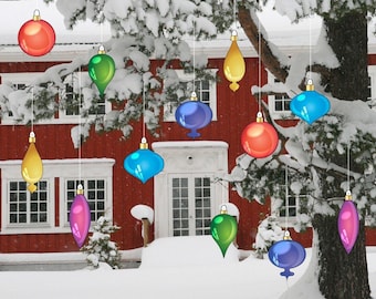 Hanging Vintage Christmas Ornaments, 12pc Christmas Yard Art, Yard Card Lawn Sign Set | Printed on Flat Corrugated Plastic - NOT 3D