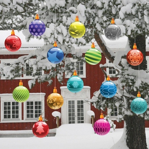 7.5"h Flat Plastic Hanging Christmas Ornaments | 14pc Christmas Yard Art | Yard Card Lawn Sign Set | NOT 3D