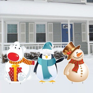 Large 45&quot; Polar Bear, Penguin & Snowman Characters, 3pc Christmas Yard Art, Yard Card Lawn Sign Set