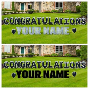 18” Congratulations with Custom Name in Silver or Black, 15pc Yard Sign Set, Dripping Glitter