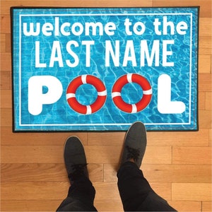 Large Welcome to the Pool Doormat + Custom Last Name, 24” x 36”