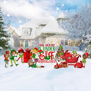 This House Is Under Elf Surveillance, 9pc Christmas Yard Art, Yard Card Lawn Sign Set