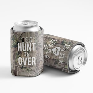 The Hunt Is Over, Camo Wedding Can Coolers + Custom Names & Date | Dye-sublimated Can Coolers