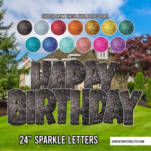 Letras brillantes de 24" para letrero de jardín "Feliz Cumpleaños" de instalación rápida / 5 piezas de decoración para césped / Alquiler de tarjetas para jardín / Fuente "El Chico Más Afortunado"