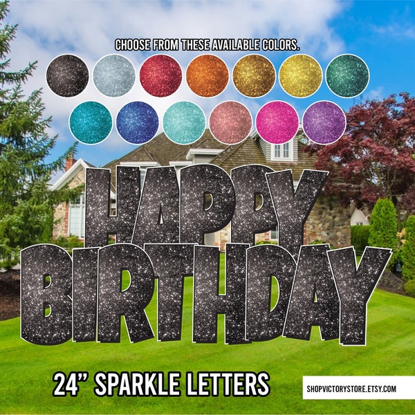 24" Sparkle Happy Birthday Quick Set Yard Sign Letters | 5pc Outdoor Lawn Decorations | Yard Card Rental Business | Luckiest Guy Font