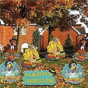 Happy Thanksgiving Turkey Pilgrims, 7pc Thanksgiving Yard Art, Yard Card Lawn Sign Set