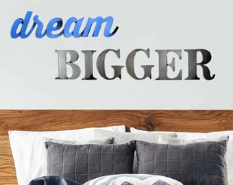 Dream Bigger 3D Word Art PVC Cutout 15 x 41 | Handpainted - Blue & Gunmetal Gray