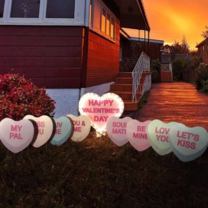 Light Up Candy Hearts, 9pc Valentines Day Yard Art, Yard Card Lawn Sign Set