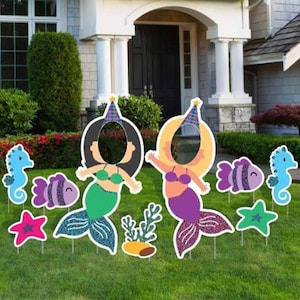 Mermaid Photo Prop Cut Outs + Fish, 9pc Birthday Yard Card Lawn Sign Set