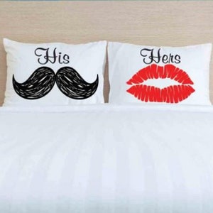 Mustache and Lips, His and Hers Pillowcases, Couple Pillow Cases