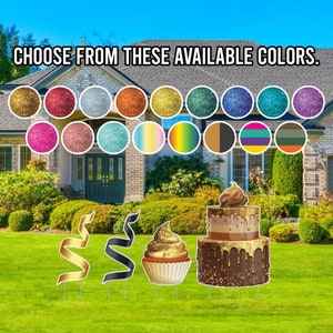 Cake, Cupcake & Ribbon Sparkle Flair Accessory Add-Ons, 4pc Birthday Yard Card Lawn Sign Set