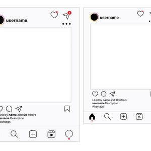 May include: A white Instagram post template with a black circle profile picture, a heart, a paper aeroplane, and three dots in the top right corner. The post has a white square in the middle for an image or video. The bottom of the post has a heart, a comment bubble, a paper aeroplane, a bookmark, and five icons in the bottom left corner: a house, a magnifying glass, a plus sign, a play button, and a circle.