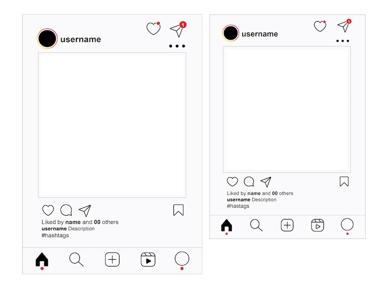 May include: A white Instagram post template with a black circle profile picture, a heart, a paper aeroplane, and three dots in the top right corner. The post has a white square in the middle for an image or video. The bottom of the post has a heart, a comment bubble, a paper aeroplane, a bookmark, and five icons in the bottom left corner: a house, a magnifying glass, a plus sign, a play button, and a circle.