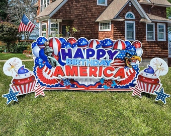Happy Birthday America Yard Signs, 4th of July 7-Piece Patriotic Outdoor Lawn Sign