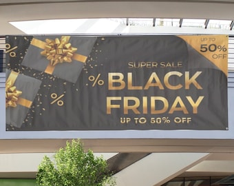 Custom Black Friday Sale Banner - Percentage Off, Black & Gold Vinyl Banner, 3 Sizes Available