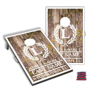 Custom Wedding Cornhole Boards - Rustic Laurel Design + Names & Date | Bean Bag Toss Yard Game