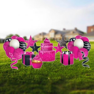 Accesorios con destellos rosados, juego de 12 tarjetas de cumpleaños para jardín y letreros de césped