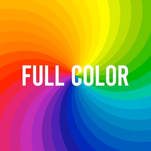 Op de afbeelding: Een kleurrijk spiraalontwerp met de tekst "FULL COLOR" in het midden.
