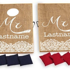 Mr and Mr + Custom Last Name (Burlap Design) Cornhole Boards, Bean Bag Toss Yard Game