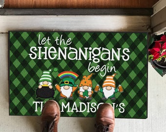 Large Let The Shenanigans Begin + Custom Last Name, St Patrick's Day Doormat, 24" x 36"