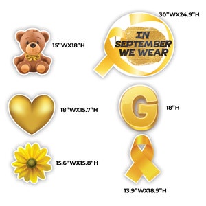 May include: A set of six gold-colored vinyl decals featuring a teddy bear, a heart, a sunflower, a ribbon, a letter G, and a ribbon with the text "In September We Wear". The decals are available in various sizes, with the largest being 30 inches wide by 24.9 inches high.