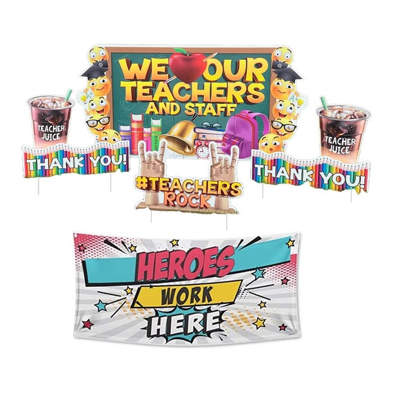 Teacher Appreciation Bundle: 6pc Oversized We Love Our Teachers and Staff  Yard Card Display & 2x4 Heroes Work Here Banner -  Canada