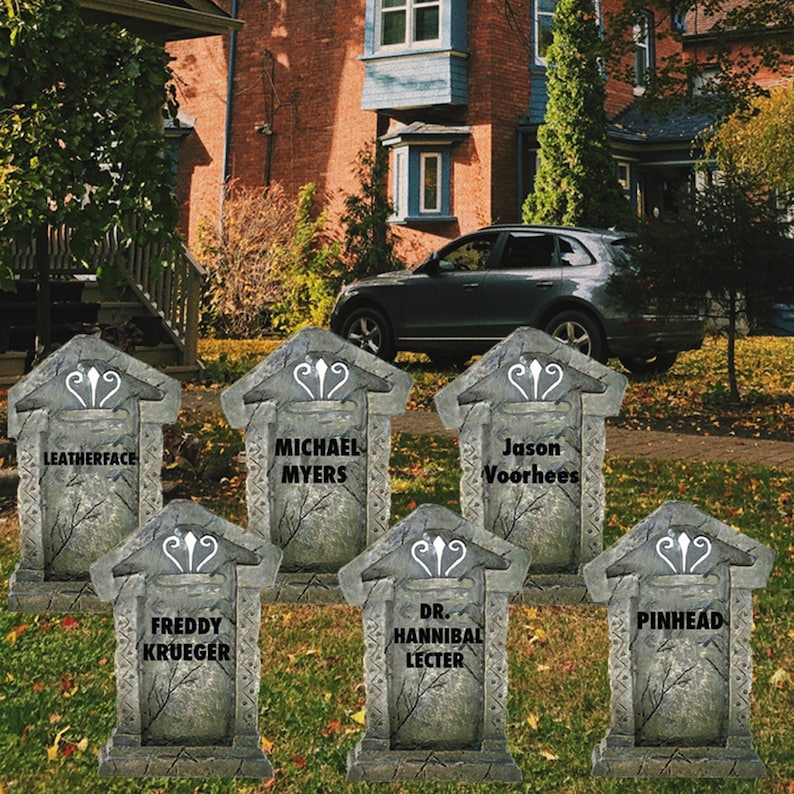 Serial Killer Tombstones, 6pc Halloween Yard Art, Yard Card Lawn Sign Set image 1