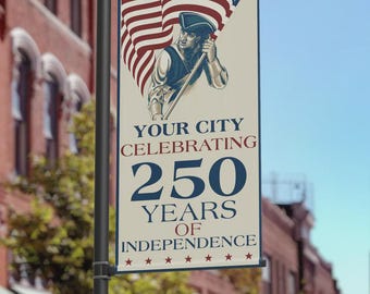 America 250th Street Pole Banner, Patriotic Minuteman, 24x48 Double Sided Outdoor Vinyl, Independence Day