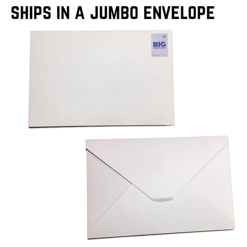 K&ouml;nnte beinhalten: Zwei wei&szlig;e Jumbo-Umschl&auml;ge, einer offen und einer verschlossen, werden vor einem wei&szlig;en Hintergrund gezeigt. Der offene Umschlag ist unten gefaltet. Der Text "SHIPS IN A JUMBO ENVELOPE" ist oben in Schwarz gedruckt.