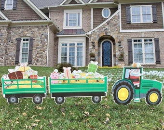 Farmer Santa with Tractor & Elves, 3pc Christmas Yard Art, Yard Card Lawn Sign Set