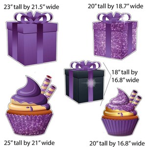 May include: Four purple and black cake toppers, two are gift boxes and two are cupcakes. The gift boxes are 20 inches tall by 18.7 inches wide and 18 inches tall by 16.8 inches wide. The cupcakes are 25 inches tall by 21 inches wide and 20 inches tall by 16.8 inches wide.