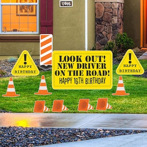Look Out! New Driver On The Road! Happy 16th Birthday, 10pc Birthday Yard Art, Yard Card Lawn Sign Set
