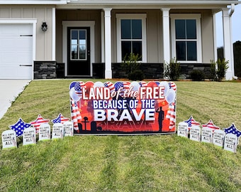 Oversized "Land of the Free, Because of the Brave" Yard Card Display | 17pc Memorial Day Yard Signs | Yard Card Rental Business