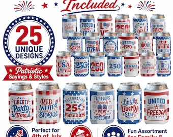 Paquete de 25 enfriadores de latas para el 4 de julio, 250 aniversario de Estados Unidos, 25 diseños patrióticos únicos, aptos para latas de 12 oz.