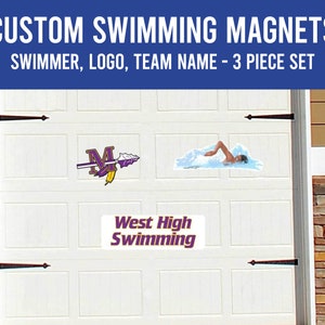 May include: Custom swimming magnets set featuring a swimmer, team logo, and team name. The set includes three pieces. The image shows a swimmer in the water, a purple and gold logo, and the text "West High Swimming."