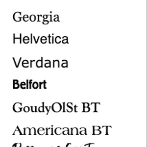 Może przedstawiać: Lista czcionek w czarnym kolorze na jasnoniebieskim tle. Wykazane czcionki to: Myriad Pro Black Cond, Arial, Georgia, Helvetica, Verdana, Belfort, GoudyOlSt BT, Americana BT, Passengers Script i Sudbury Book.