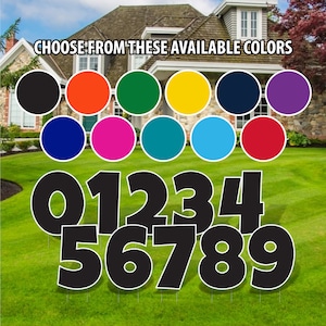 May include: Choose from these available colors: black, orange, green, yellow, navy blue, purple, blue, pink, teal, light blue, and red.  Black numbers 0 through 9 are displayed on a green lawn.