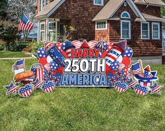 Jumbo Happy 250th America Yard Sign Display: 11pc Patriotic 4th of July Lawn Decor