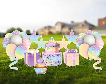 Pastel ombré avec accessoires scintillants et scintillants, ensemble de 12 plaques d'anniversaire pour pelouse