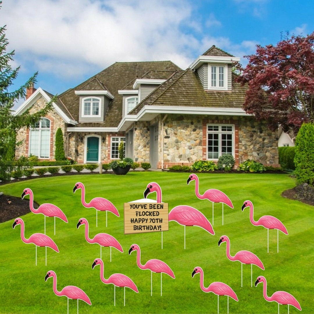 Youve Been Flocked Pink Flamingos Happy 70th Birthday, 13pc Yard Sign