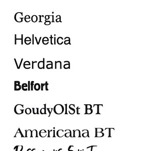 K&ouml;nnte beinhalten: Eine Liste verschiedener Schriftarten in schwarzem Text auf wei&szlig;em Hintergrund. Die Schriftarten umfassen Arial, Georgia, Helvetica, Verdana, Belfort, GoudyOlSt BT, Americana BT, Passengers Script und Sudbury Book.